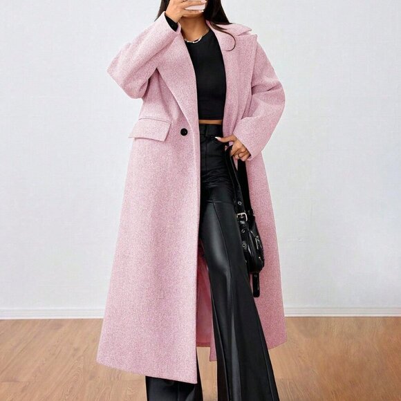 Baby Pink Casual Women's Lapel Long Coat